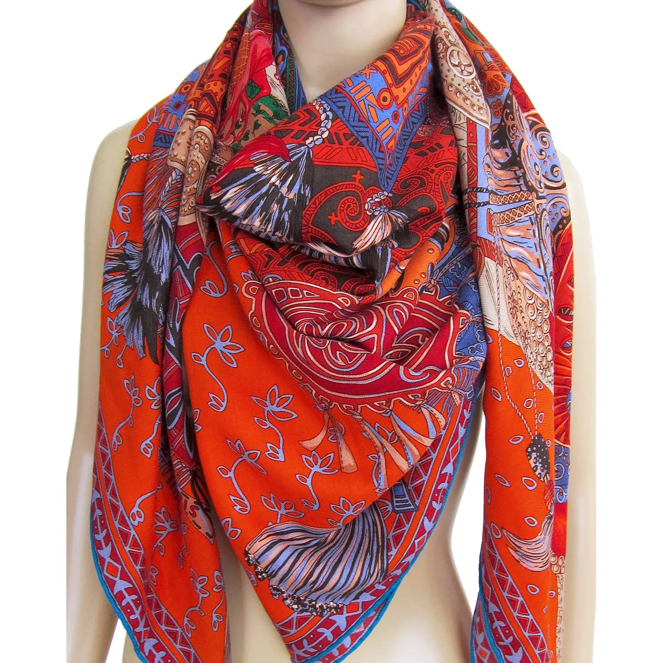 Hermes Cavaliers du Caucase Cashmere Silk GM Shawl Scarf Vibrant Orange Classic