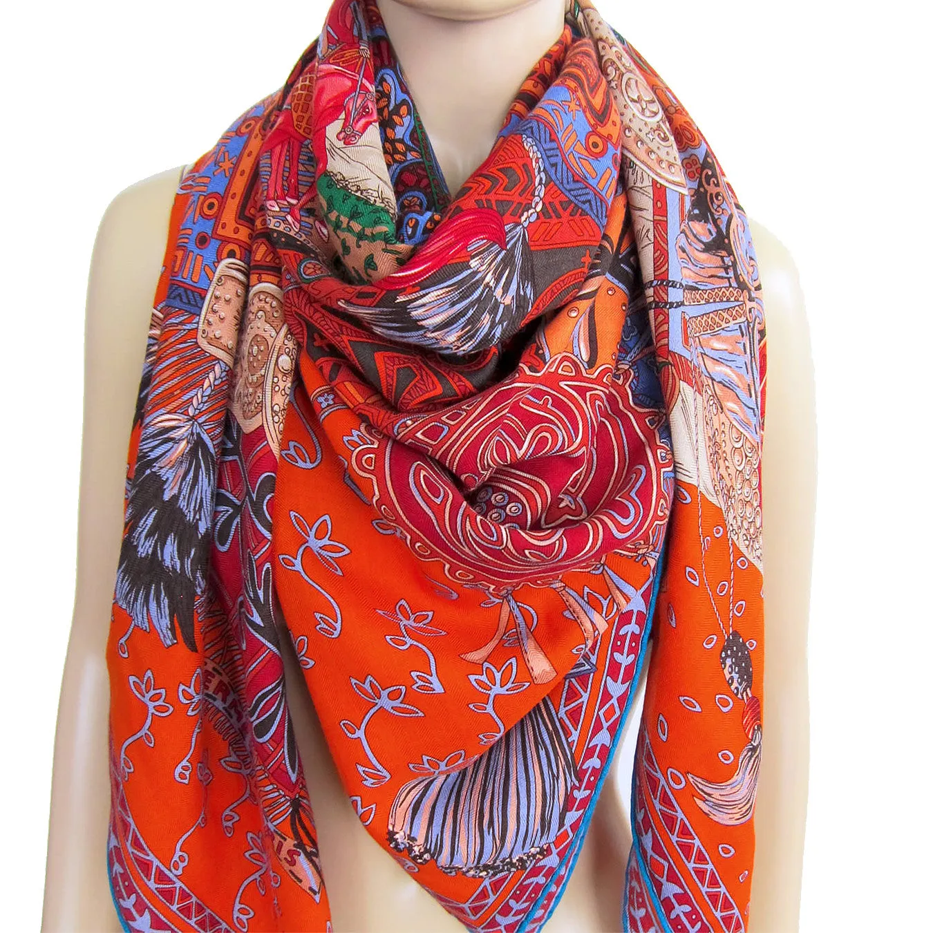 Hermes Cavaliers du Caucase Cashmere Silk GM Shawl Scarf Vibrant Orange Classic
