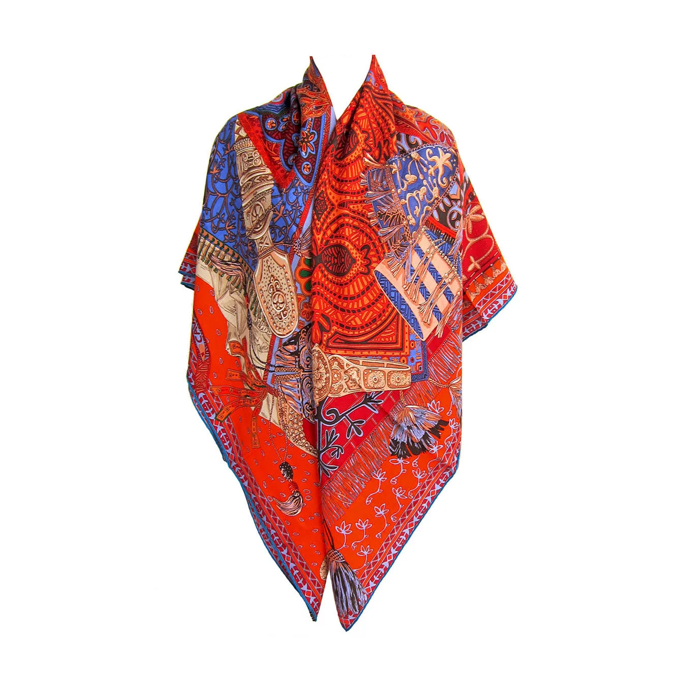 Hermes Cavaliers du Caucase Cashmere Silk GM Shawl Scarf Vibrant Orange Classic