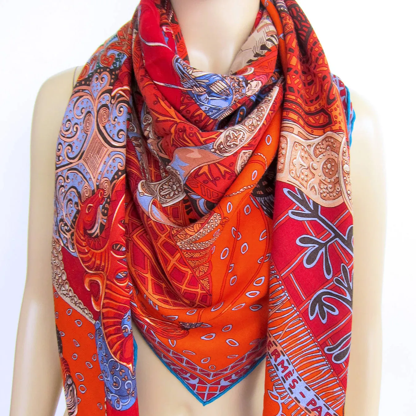 Hermes Cavaliers du Caucase Cashmere Silk GM Shawl Scarf Vibrant Orange Classic