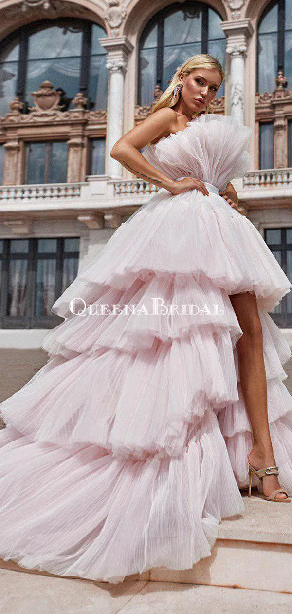 High Low Newest Strapless Pink Tulle A-line Long Cheap Prom Dresses, PDS0091