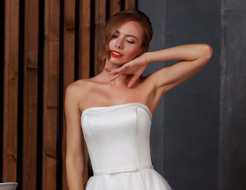 High Low Simple Wedding Dresses Elegant Robe Mariage Femme Strapless Neck Lace Up None Train Bow White Bridal Gowns Matrimonio