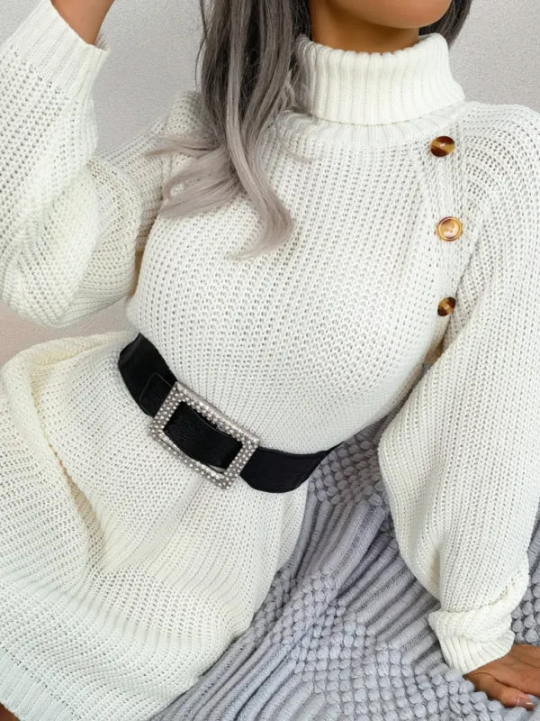 High Neck Knit Mini Dress with Button Detail and Belt
