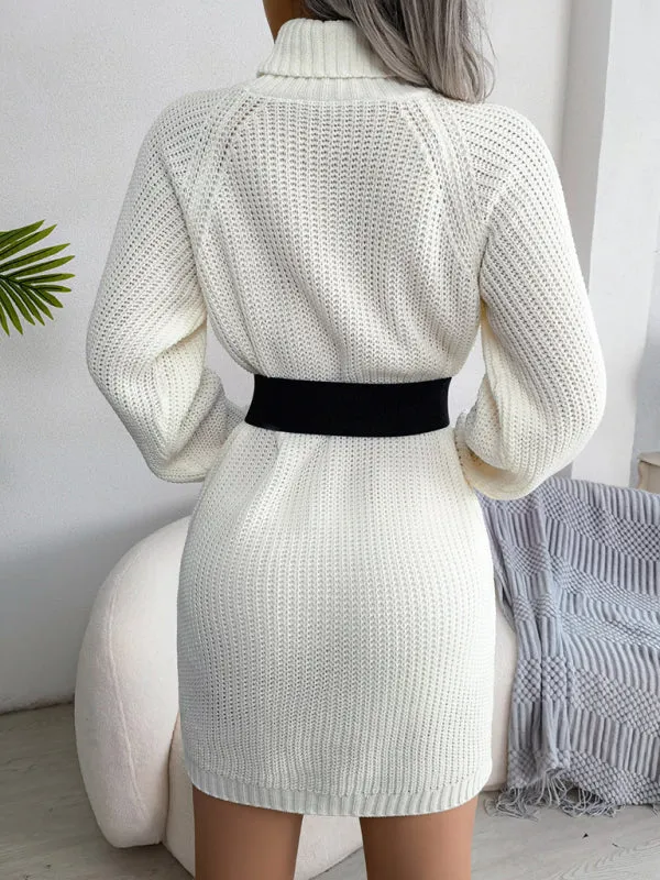High Neck Knit Mini Dress with Button Detail and Belt