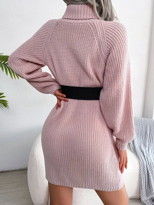 High Neck Knit Mini Dress with Button Detail and Belt