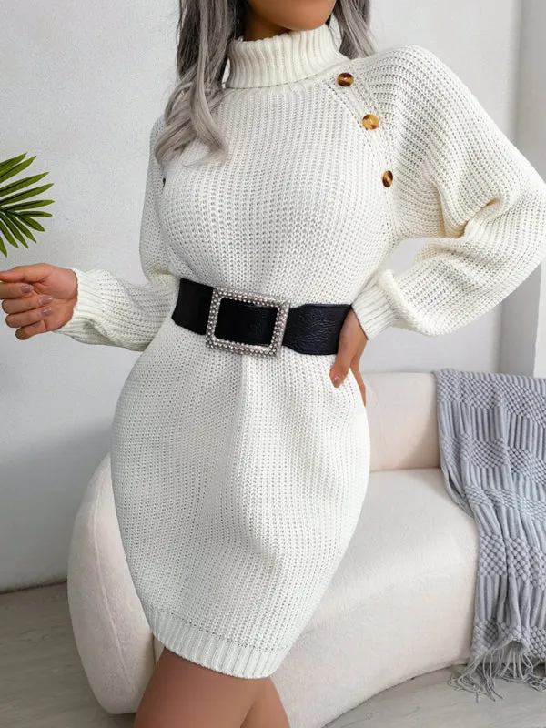 High Neck Knit Mini Dress with Button Detail and Belt