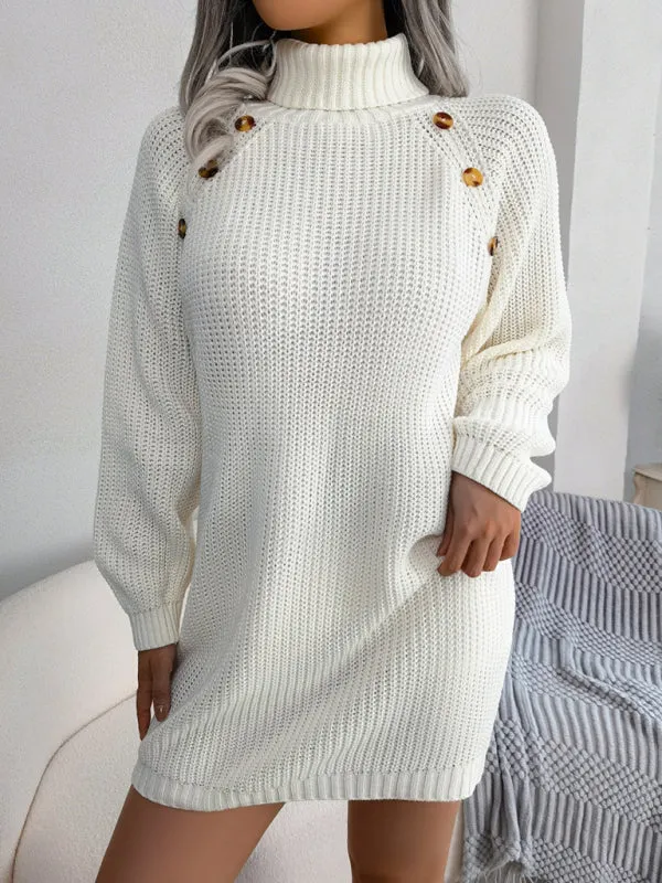 High Neck Knit Mini Dress with Button Detail and Belt