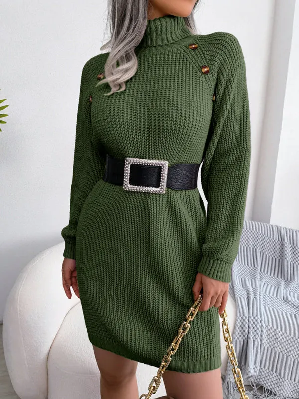 High Neck Knit Mini Dress with Button Detail and Belt