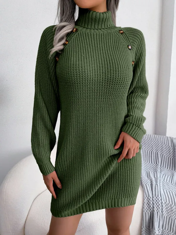 High Neck Knit Mini Dress with Button Detail and Belt