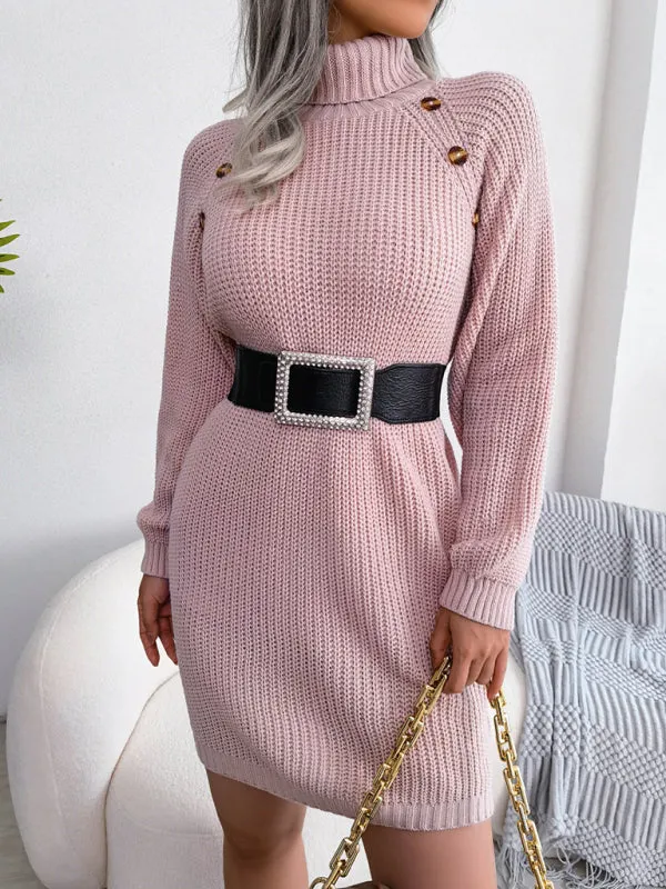 High Neck Knit Mini Dress with Button Detail and Belt