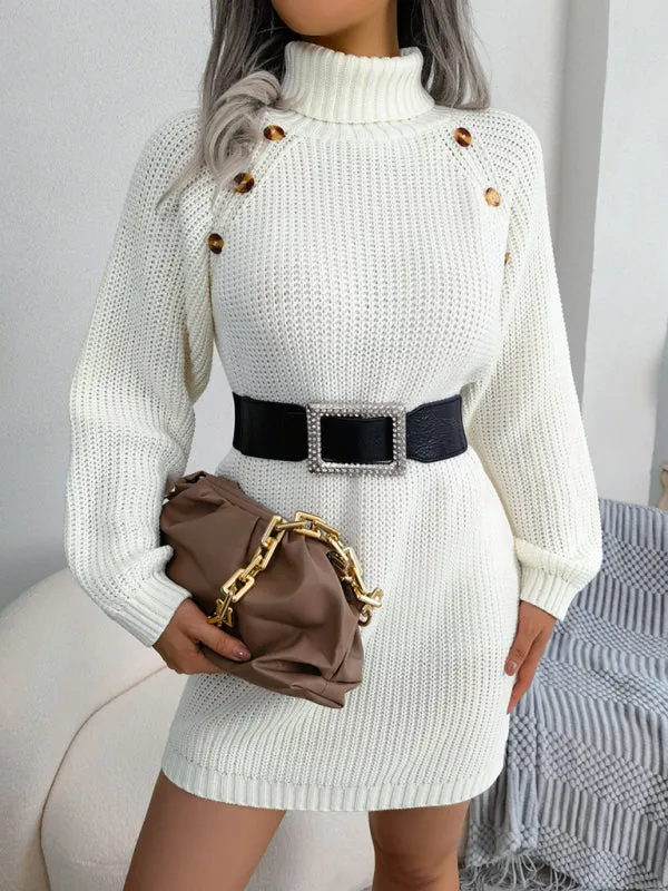 High Neck Knit Mini Dress with Button Detail and Belt