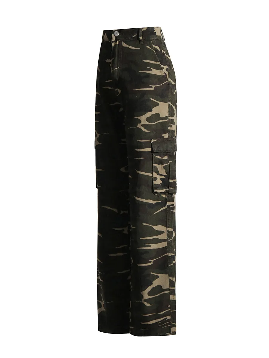 High Rise Camo Print Flap Pocket Side Cargo Jeans