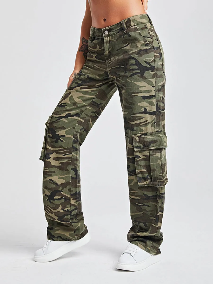 High Rise Camo Print Flap Pocket Side Cargo Jeans