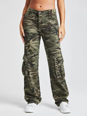 High Rise Camo Print Flap Pocket Side Cargo Jeans