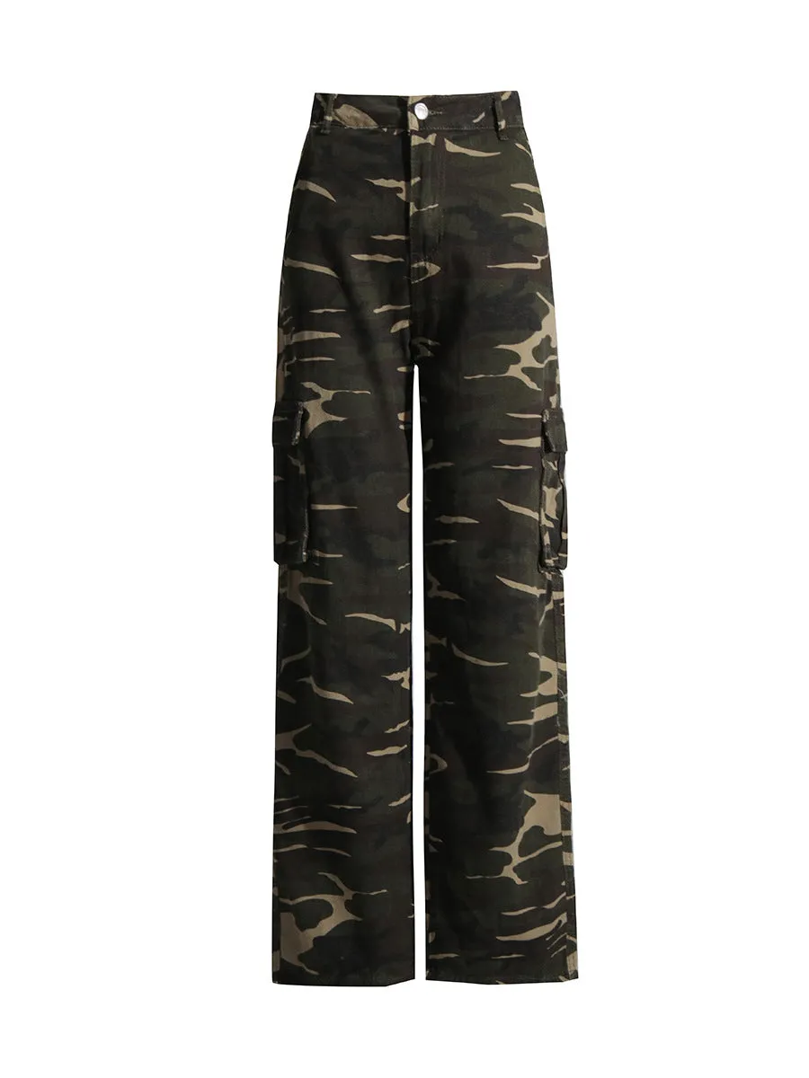 High Rise Camo Print Flap Pocket Side Cargo Jeans