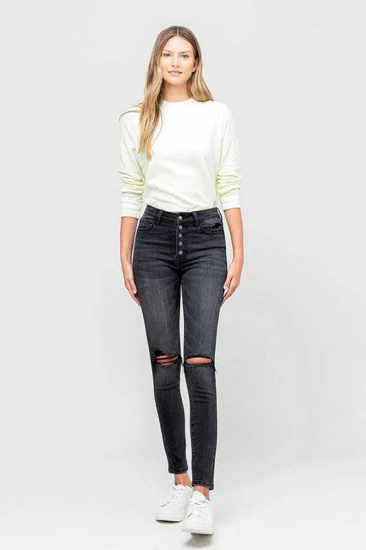 High Rise Distressed Button Fly Ankle Skinny