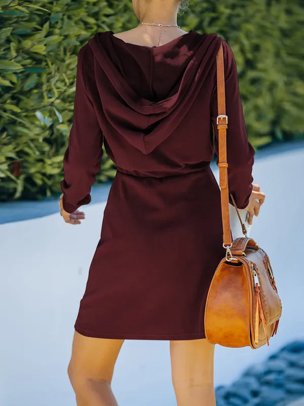 Hooded Mini Dress with Drawstring Waist and Front Zipper