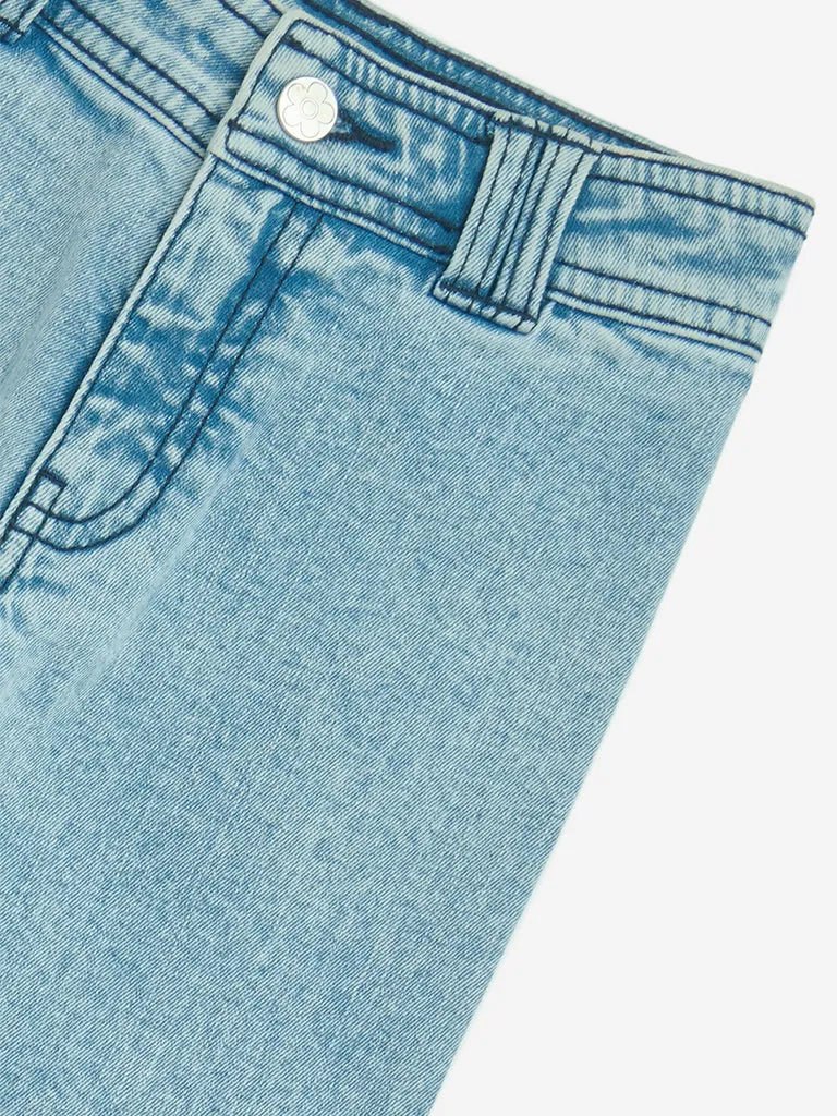 HOP Kids Blue Floral Embroidered Straight - Fit High - Rise Jeans
