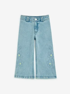 HOP Kids Blue Floral Embroidered Straight - Fit High - Rise Jeans