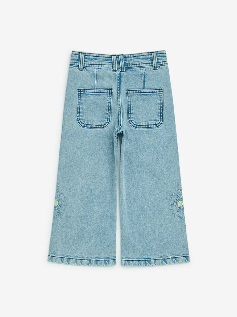 HOP Kids Blue Floral Embroidered Straight - Fit High - Rise Jeans