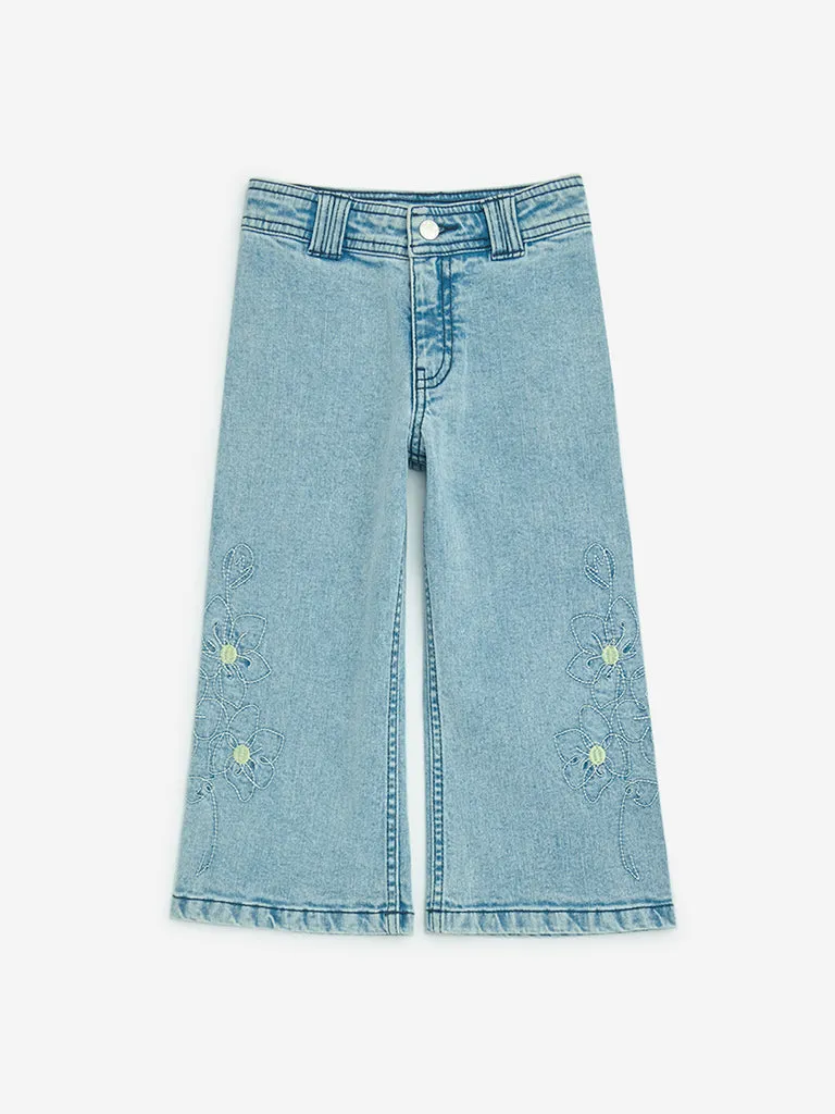 HOP Kids Blue Floral Embroidered Straight - Fit High - Rise Jeans