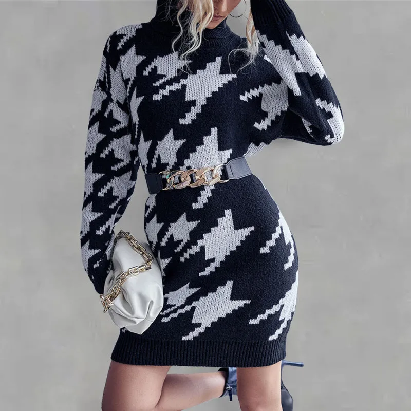 Houndstooth High Neck Sweater Dress with Long Sleeves