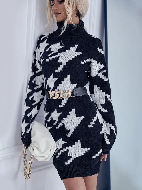 Houndstooth High Neck Sweater Dress with Long Sleeves