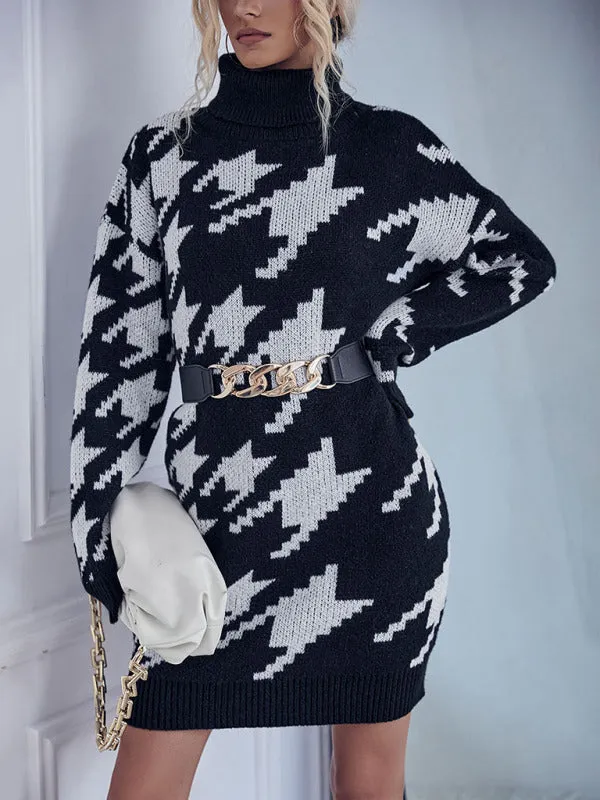 Houndstooth High Neck Sweater Dress with Long Sleeves