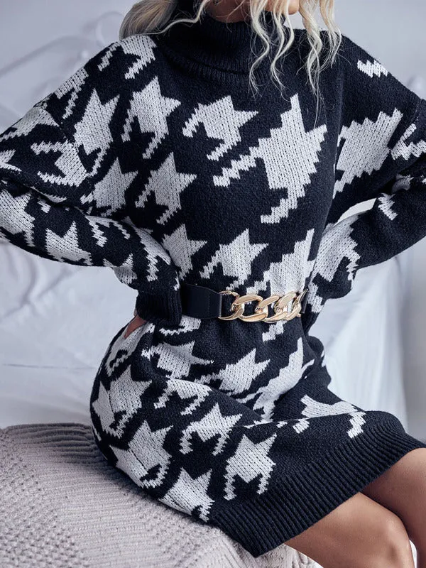 Houndstooth High Neck Sweater Dress with Long Sleeves