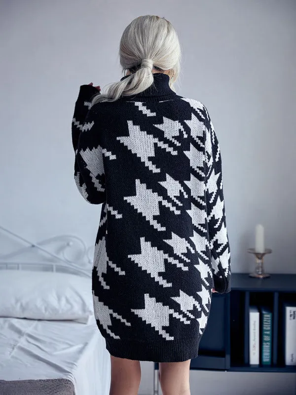 Houndstooth High Neck Sweater Dress with Long Sleeves