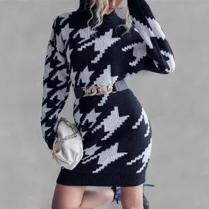 Houndstooth High Neck Sweater Dress with Long Sleeves