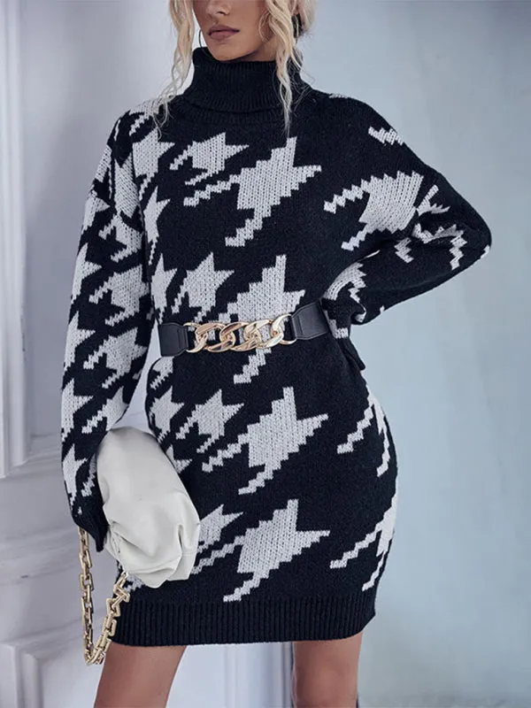 Houndstooth Turtleneck Sweater Dress with Long Sleeves