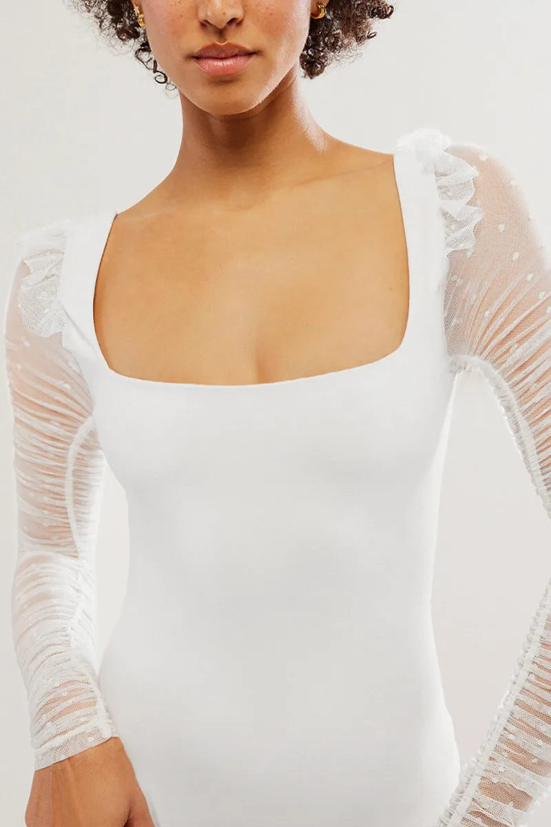 HTR1045 Sheer Sleeve Square Neck Top
