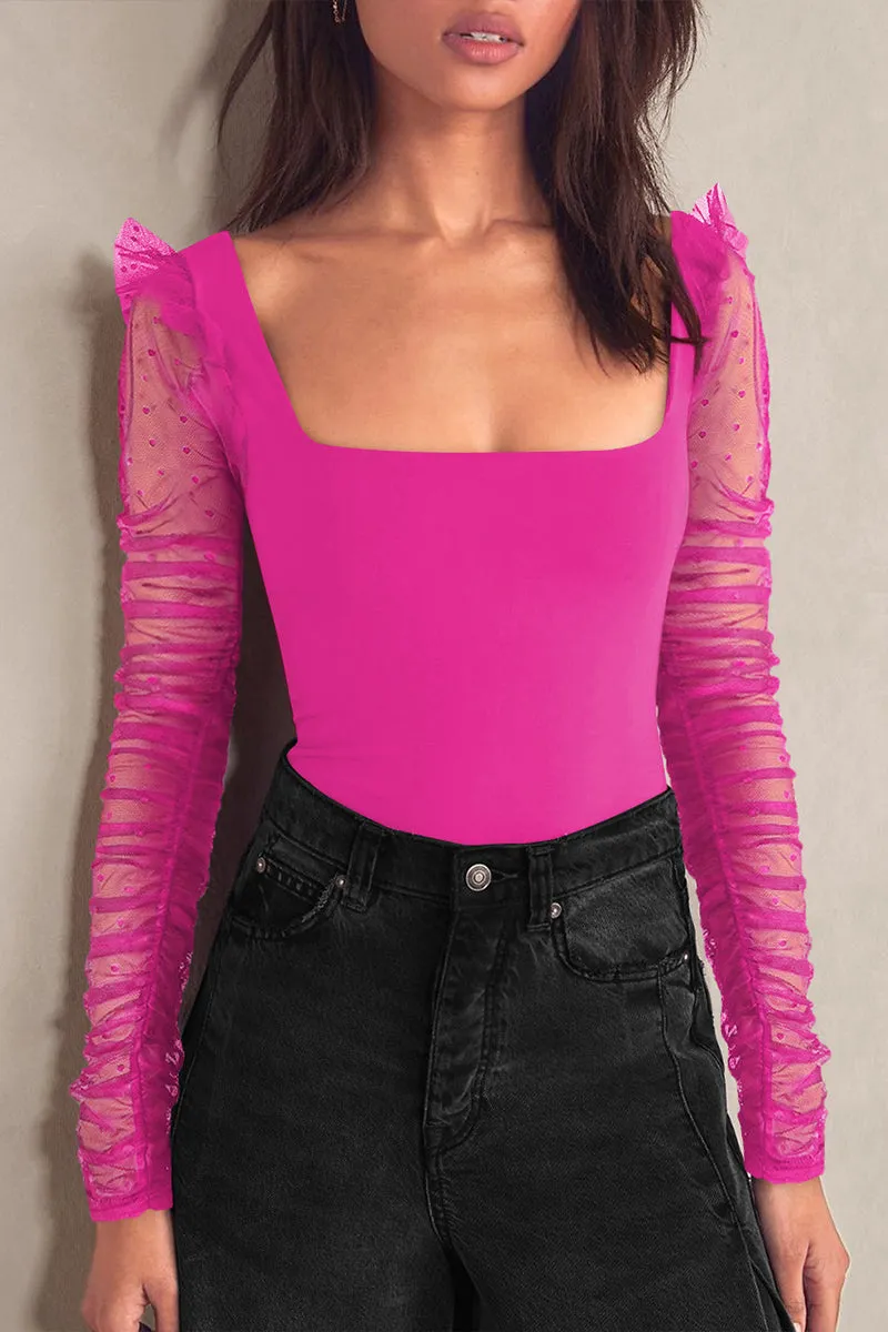 HTR1045 Sheer Sleeve Square Neck Top