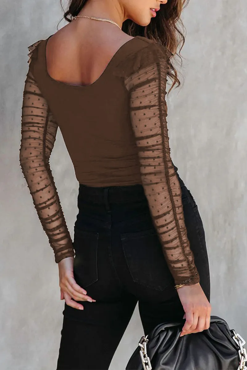 HTR1045 Sheer Sleeve Square Neck Top