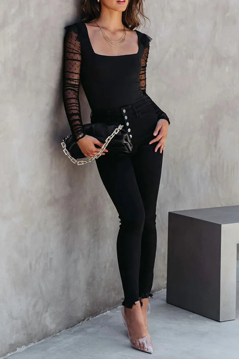 HTR1045 Sheer Sleeve Square Neck Top
