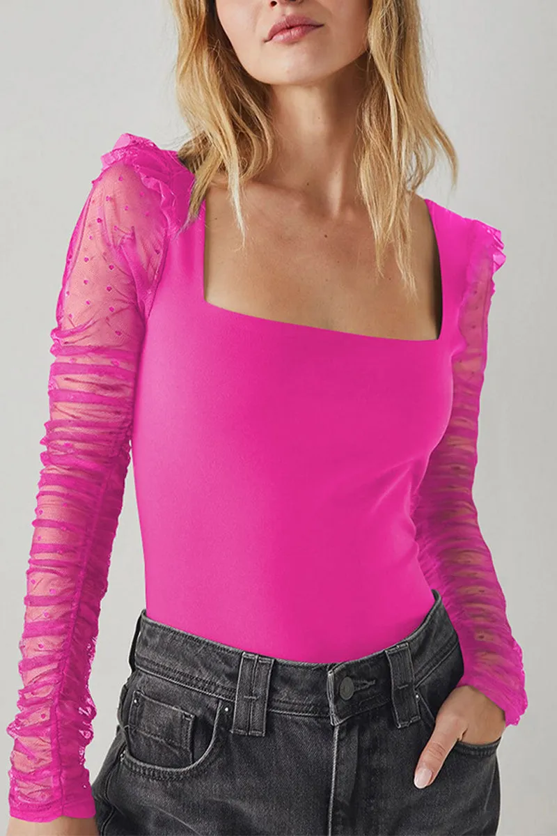 HTR1045 Sheer Sleeve Square Neck Top
