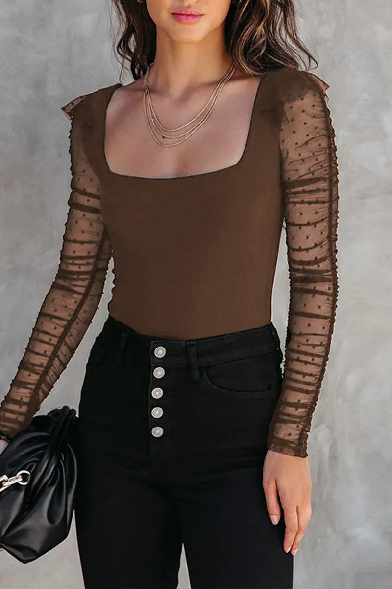 HTR1045 Sheer Sleeve Square Neck Top