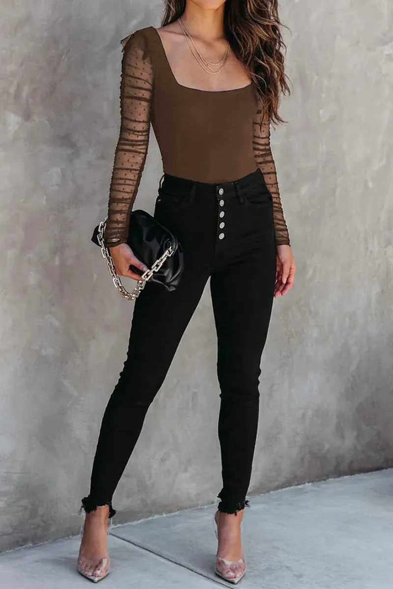 HTR1045 Sheer Sleeve Square Neck Top