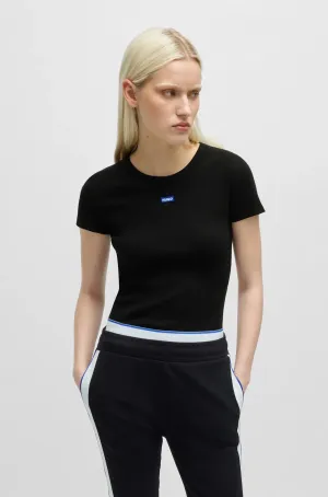 Hugo Blue | Slim-Fit T-Shirt aus Stretch-Baumwolle mit blauem Logo-Aufnäher | 001 schwarz