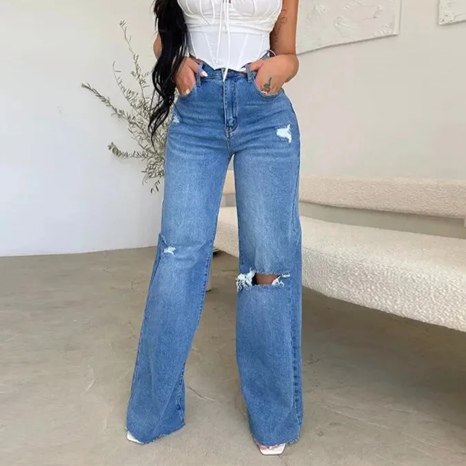 Jeans Long High Waist Ripped Frayed Comfortable Wide Leg