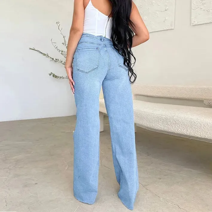 Jeans Long High Waist Ripped Frayed Comfortable Wide Leg