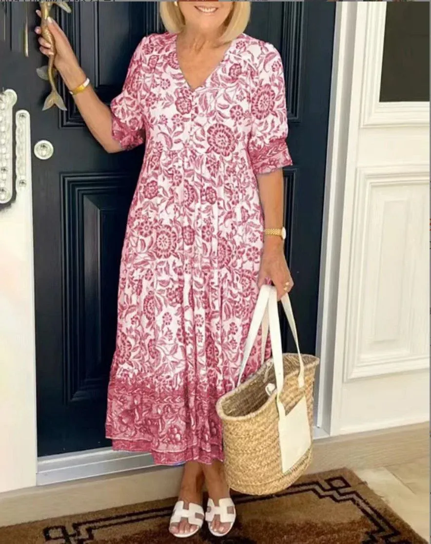 Jennica - Elegant floral dress with V-neckline