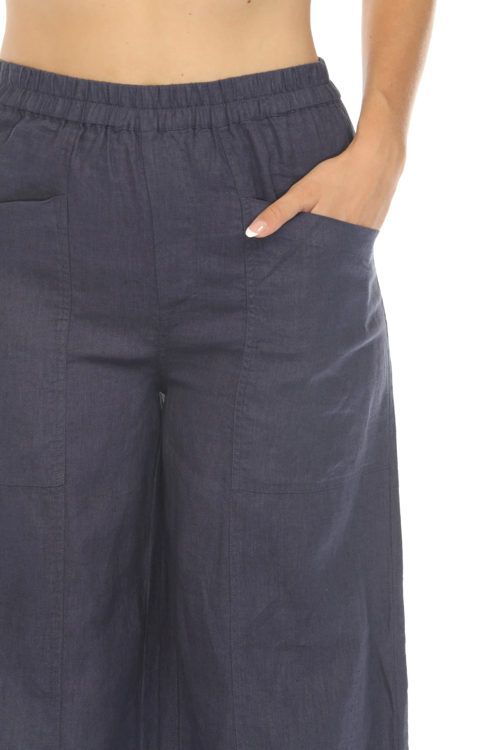 Johnny Was Calme Blue Linen Pull-On Pants with Slits O61072 Boho Chic