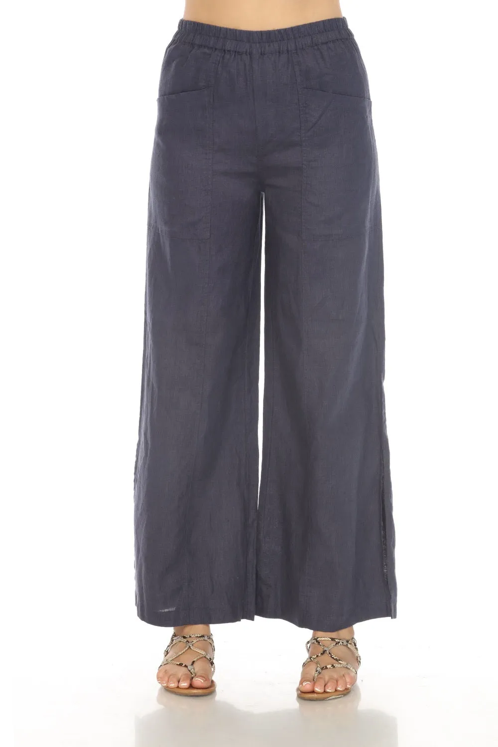 Johnny Was Calme Blue Linen Pull-On Pants with Slits O61072 Boho Chic