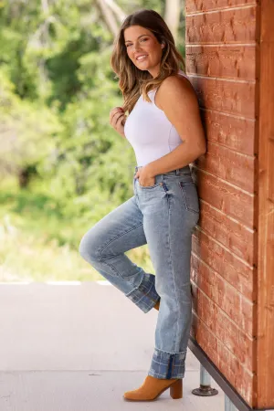 Judy Blue Vintage Wash Cuffed Jeans With Plaid
