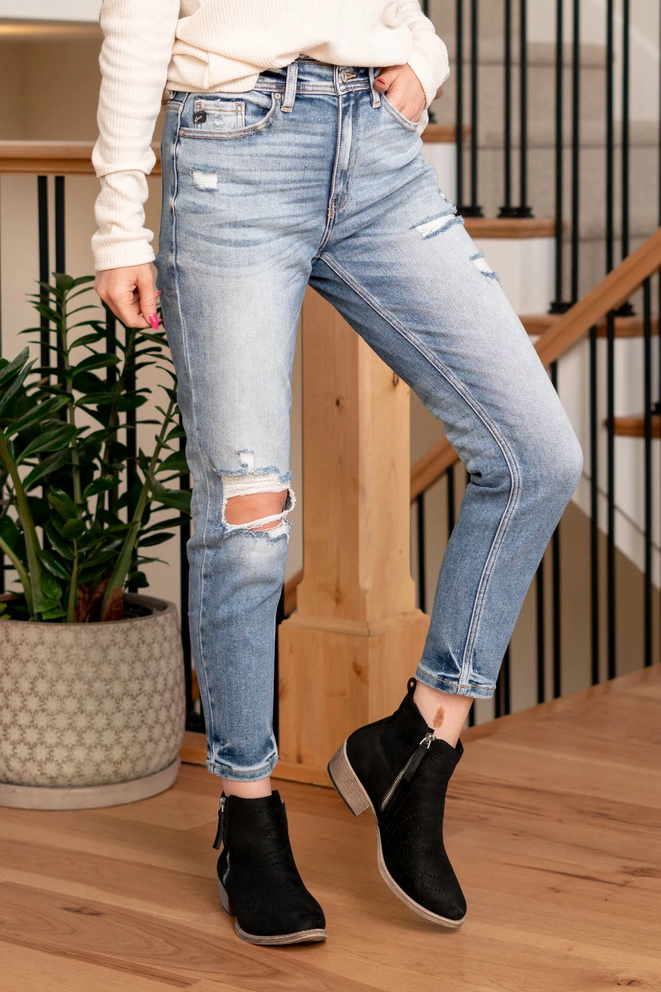 Katherine High Rise Distressed Mom Jeans