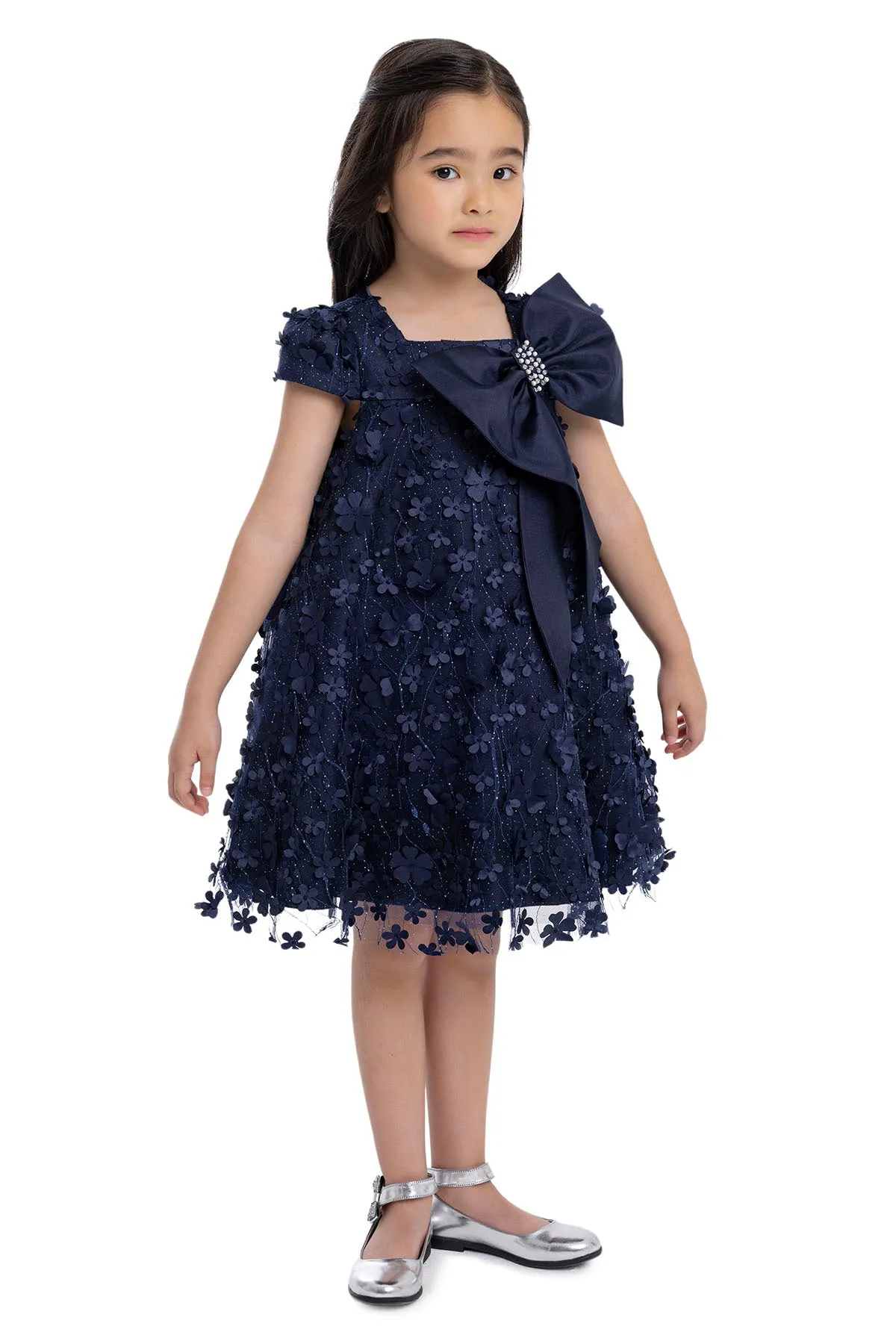 Kids Dresses Trapeze Navy Dress with a Bow