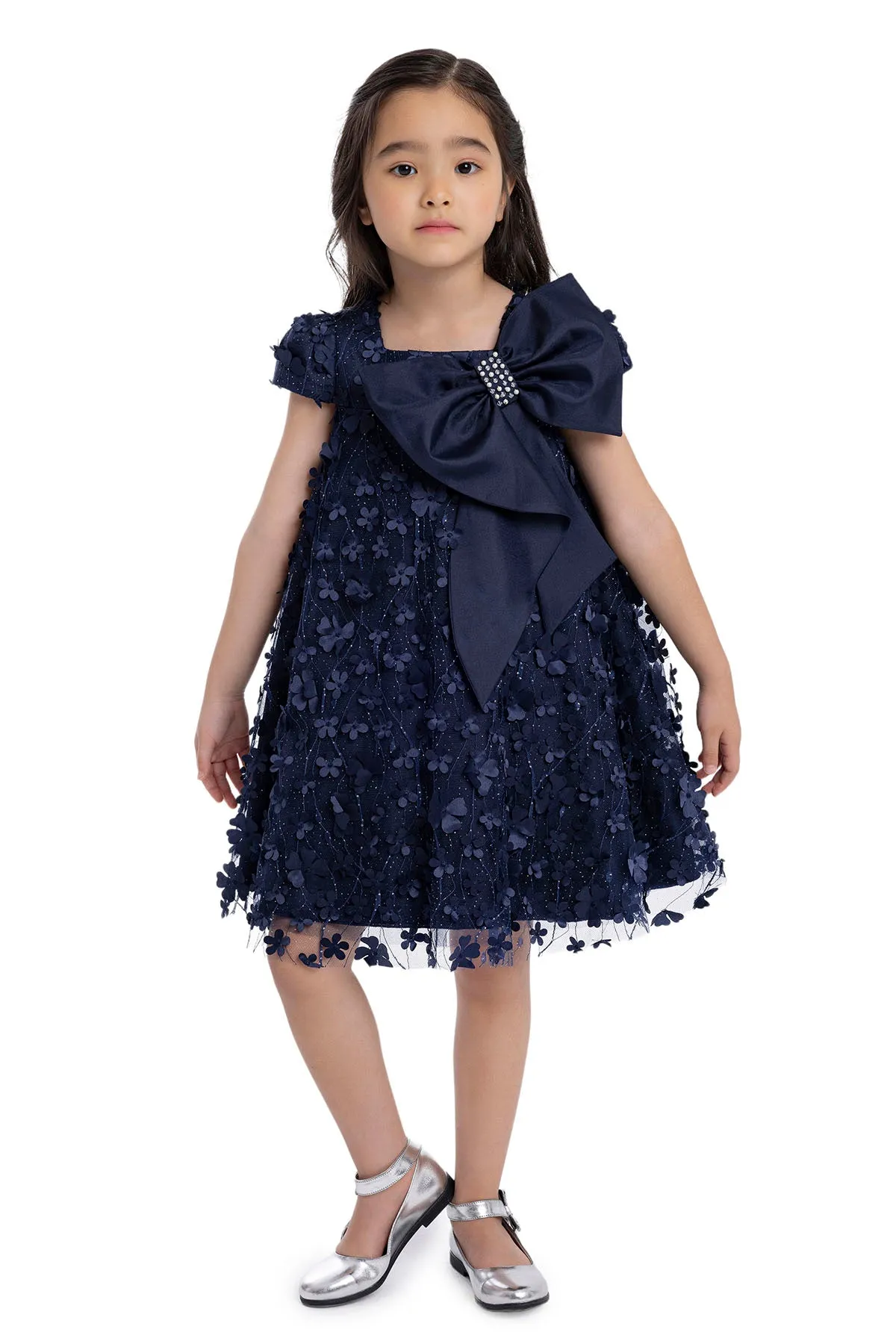 Kids Dresses Trapeze Navy Dress with a Bow