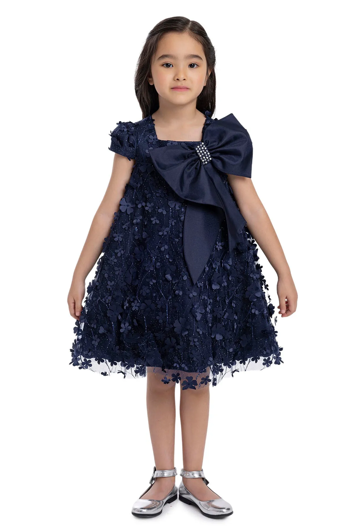 Kids Dresses Trapeze Navy Dress with a Bow